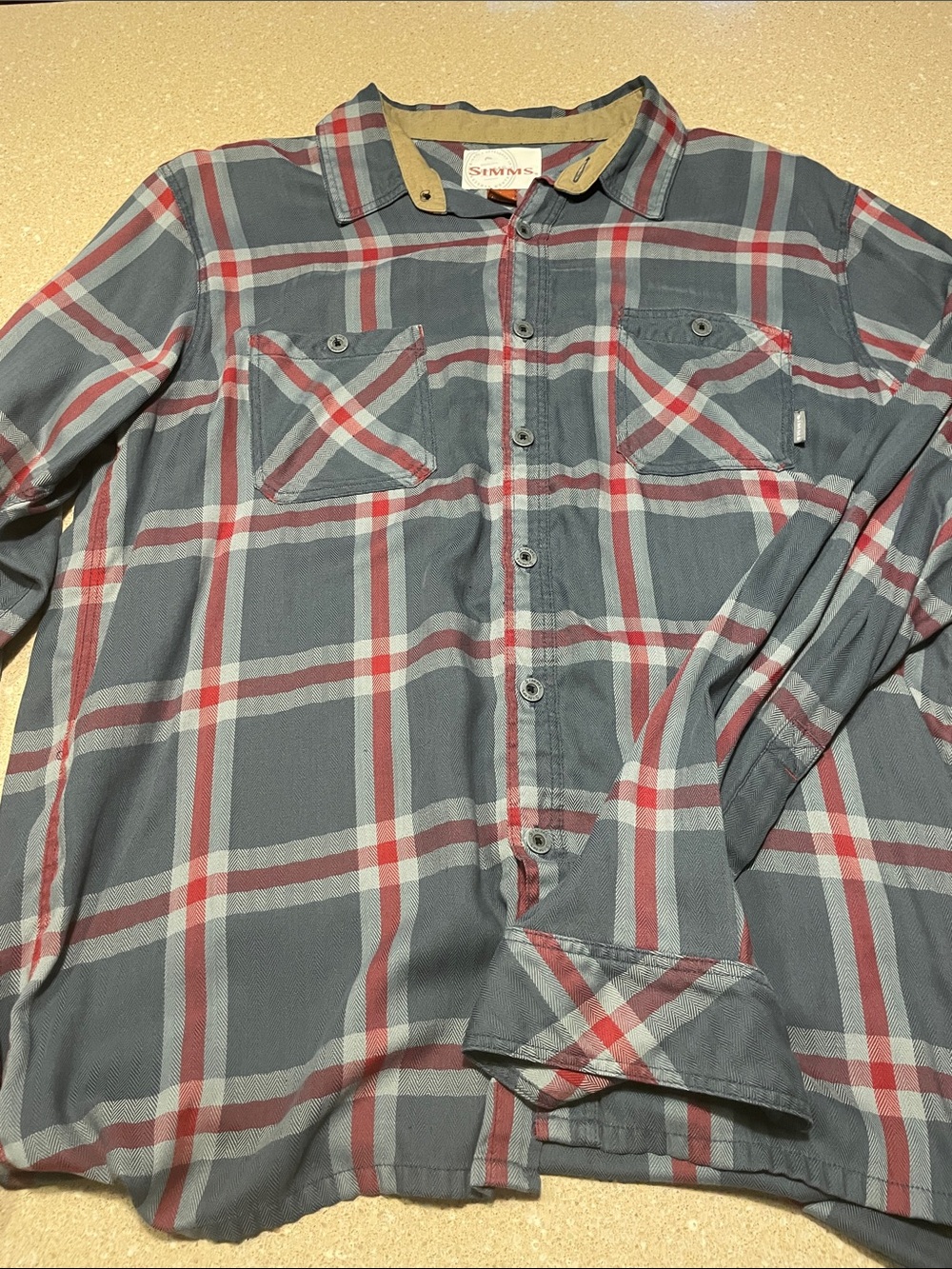 Simms Men's Blue and Red Plaid Button-Down Shirt